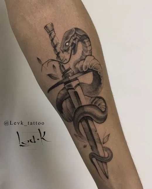 single line knife with sake tattoo