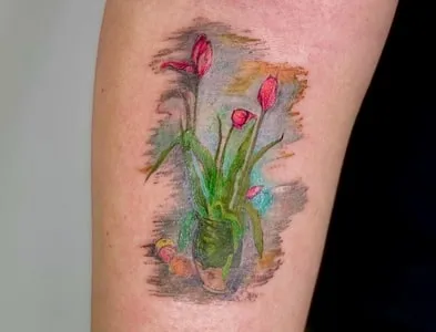 watercolor vase with flowers tattoo Idea