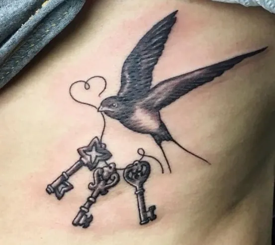 Bird with Keys Tattoo Idea 1 black and white Bird with Keys Tattoo Idea