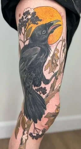 black line crow tattoo design for guys