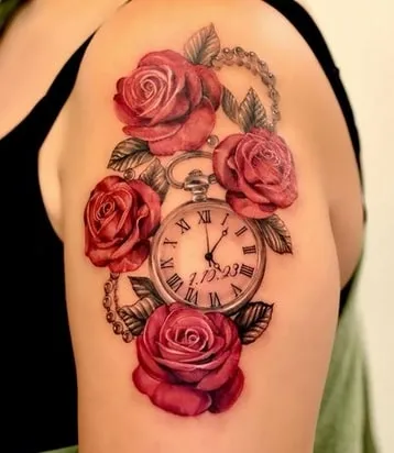 roses clock tattoo design