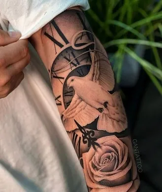 clock dove tattoo design