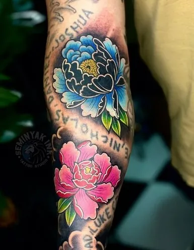 blue and red peony tattoo designs